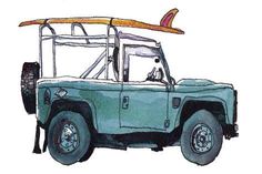 a drawing of a truck with a surfboard on top