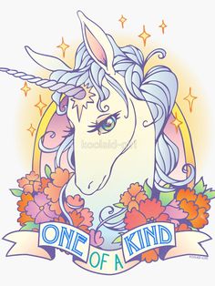 a unicorn with flowers and stars on it's head, the words one of a kind