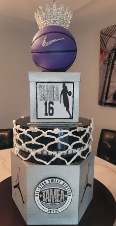 two basketballs are stacked on top of each other in front of a sign that says tame 16