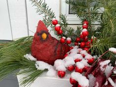 a red bird sitting on top of a window sill covered in snow and berries