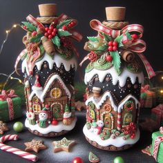 two christmas themed salt and pepper shakers with candy canes on the table next to them