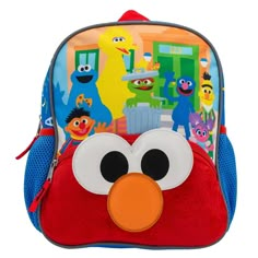 Bring Elmo and Neighbors everywhere and anywhere with this adorable and fun Elmo backpack. Your little ones will love to sport this plush front pocket backpack with all over print. The backpack is 12" and is designed with a spacious main zippered compartment with an interior wall zippered pocket for stowing other smaller essentials. The exterior zip pocket in front is great for safe carrying of small items and more. Plus, the two side mesh pockets come in handy for carrying their water bottles. Elmo Backpack, Fun Backpacks, Novelty Multicolor Backpack For Back To School, Funny Backpacks, Multicolor Character Backpack For Everyday Use, Character Backpack For Playtime And Back To School, Kid Backpacks Senior Year, Cute Backpack, Kids Backpack