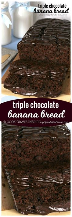 triple chocolate banana bread on a cutting board with milk in the background and text overlay that reads triple chocolate banana bread