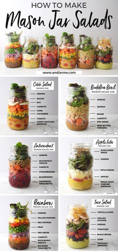 mason jar salads with instructions to make them in the same amount and seasoning