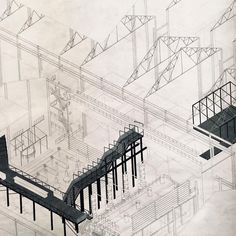 an architectural drawing of a train station with stairs and platforms in the middle of it