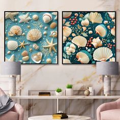 two seashells and starfish paintings on a wall in a living room with pink chairs