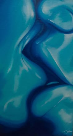 an abstract painting in blue and black with white swirls on the bottom right side