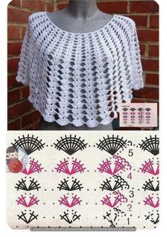 a white crocheted top with pink and black designs on it