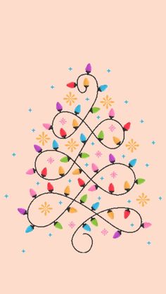 a christmas tree with lights on it and stars in the sky around it, against a pink background