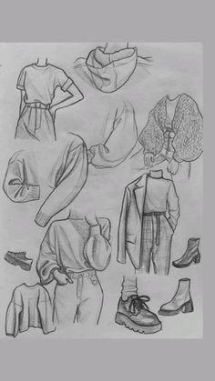 sketches of clothes and shoes are shown in this drawing