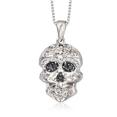 Ross-Simons - .10ct t. w. Black, White Diamond Sugar Skull Pendant Necklace. 18". Spooky - but make it stylish! This sugar skull pendant necklace shines with a bold mix of white and black diamond accents in black rhodium, for a total weight of .10 carats. Perfect for the Halloween season, sugar skulls are also a meaningful motif popular in Mexican culture and folk art. Crafted in polished sterling silver and suspended from a box chain. Springring clasp, diamond sugar skull pendant necklace. Diam Sugar Skull Jewelry, Skull Pendant Necklace, Diamond Birthstone, Skull Jewelry, Skull Necklace, Skull Pendant, Sugar Skulls, Mexican Culture, Black Rhodium