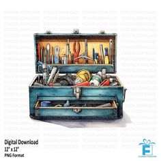 an open suitcase filled with lots of different items on top of a white background and the words digital downloaded below it