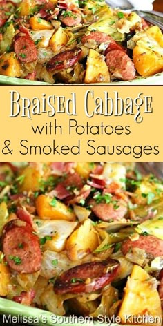 roasted cabbage with potatoes and smoked sausages in a green casserole dish on a white plate