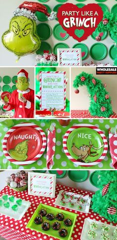 the grinch birthday party with green and red decorations, plates, napkins and candy