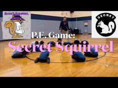 several people sitting on the floor in front of a basketball court with words reading secret squirrel