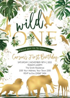 an animal themed birthday party with gold foil and greenery on the background, including giraffes