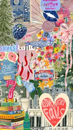 a collage with many different things on it, including flowers and other things in the background