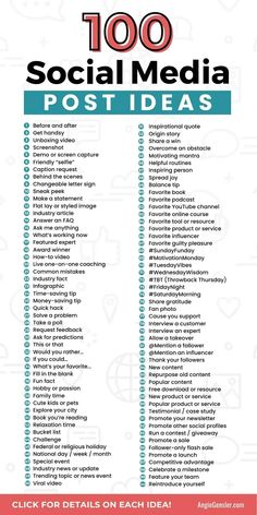 the top 100 social media post ideas to follow on each day, with text below