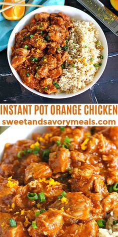 an orange chicken and rice dish in a white bowl with the words instant pot orange chicken