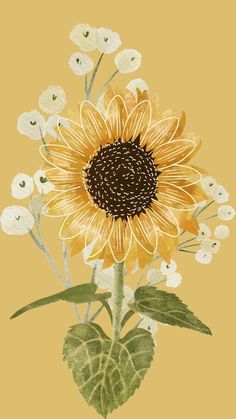 a drawing of a sunflower with white flowers in the center on a yellow background