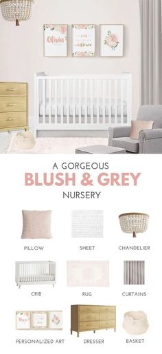 a baby's nursery room with pink and grey colors, including the crib