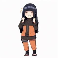 an anime character with long black hair and orange pants, holding her hand up to her ear