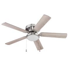 a ceiling fan that is on top of a white wall and has two blades attached to it