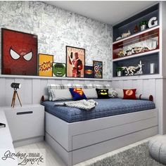 a room with a bed, shelves and pictures on the wall