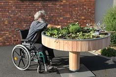 an old man in a wheel chair with plants growing out of the seat and behind him is a circular table