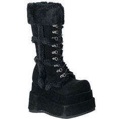 You’ll Always Be On Their Minds With The Furget Me Not Platform Boots From Demonia. These Fabulous Festival Boots Feature An All Black Faux Fur Plush Outer With Shack Trim Detail, Lace Up Front, And Interior Zipper Closure. Throw On These Cute Boots And Be The Girl Of Their Dreams. 4 1/2" Stacked Platform Vegn Suede Outer & Faux Fur Lining Mid Calf Boot Lace Up Front Silver Eyelet Accent Black Black Fur Boots, Velvet Boots, Gogo Boots, New Rock, Fur Boots, Boots Knee, Soft Grunge, Mid Calf Boots