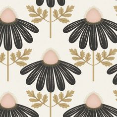 a black and gold flower pattern on a white wallpaper with brown leaves in the center