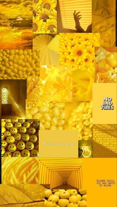 a collage of photos with sunflowers and other things in yellow, black and white