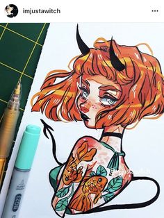 a drawing of a woman with horns on her head and an orange hair wearing a bra