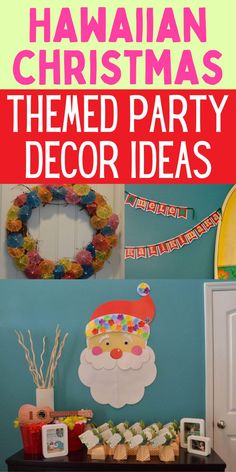 the hawaiian christmas themed party decor idea is featured in this postcard style photo collage