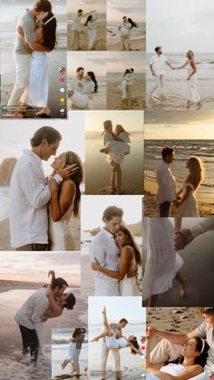 a collage of people standing on the beach with their arms around each other and kissing