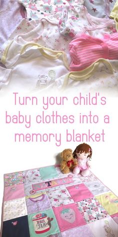 a baby blanket and teddy bear sitting on top of it with the words, turn your child's baby clothes into a memory blanket