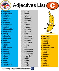 an adjective list with words and pictures for the alphabet, which include bananas