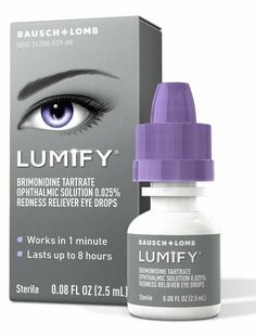 BAUSCH + LOMB  LUMIFY REDNESS RELIEVER EYE DROPS BRIMONIDINE TARTRATE OPHTHALMIC SOLUTION .025% REDNESS RELIEVER EYE DROPS WORKS IN ONE MINUTE LASTS UP TO 8 HOURS  STERILE .08-FL OZ (2.5 mL) EXPIRATION DATE: JUNE, 2023 OR LATER FREE SAME DAY US SHIPPING!! Best Eye Drops, Best Drugstore Mascara, Drugstore Mascara, Eye Vitamins, Benzalkonium Chloride, Itchy Eyes, Maybelline Makeup, Clear Eyes, Essence Cosmetics