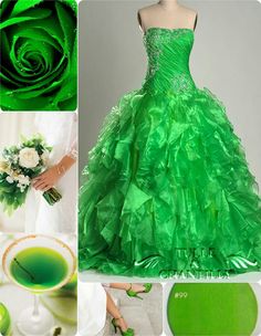 a green wedding gown with flowers and greenery