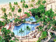 an aerial view of a beach resort with palm trees