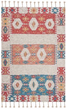 a multicolored rug with fringes on the bottom and an orange, blue, red