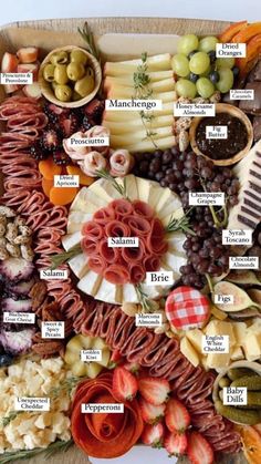 a large platter filled with lots of different types of meats and cheeses