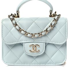 Chanel Mini Top Handle Flap Purse With Chain This Chanel Lambskin Quilted Top Handle Flap Purse With Chain In Light Blue And Gold Hardware. This Stylish Trending Bag Is Crafted Of Luxuriously Soft Diamond Quilted Calfskin Leather In Light Blue. The Bag Features A Chain Shoulder Strap And A Facing Flap With A Small Gold Chanel Cc Logo. The Flap Opens To A Matching Fabric Interior. Beautiful Like New Condition!! Will Melt Once You See It In Person. Comes With Box. Collection By Virginie Viard. App Chanel Mini Top Handle, Chanel Top Handle, Chanel Top, Chanel Crossbody, Quilted Top, Chanel Mini, Gold Chanel, Mini Top, Diamond Quilt