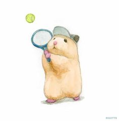 a drawing of a hamster holding a tennis racket