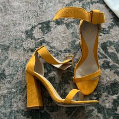 Mustard, Yellow Block Heels, Size 38 Never Worn Small Imperfection On Right Heel As Shown In Picture. Yellow Block Heels, Mustard Yellow Shoes, Mustard Yellow Heels, Yellow Strappy Heels, Beautiful Heels, Yellow Shoes, Strappy Heels, Mustard Yellow