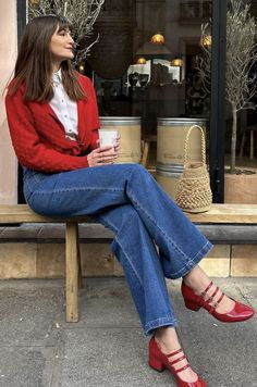 Red Parisian Outfit, Colourful Parisian Style, Red Heels Jeans Outfit, Mary Janes And Jeans Outfit, Red Heels And Jeans Outfit, Red Heels Outfit Casual, Red Flat Outfits, Red Ballet Pumps Outfit, Blue And Red Outfit Women