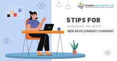 a woman sitting at a desk with a laptop in front of her and the words tips for choosing the right web development company