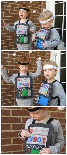 a child wearing a costume made to look like an old school computer game controller and playing with