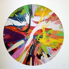 an abstract painting with multicolored lines and shapes in a circular shape on a white background