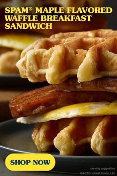 an advertisement for spam maple flavored waffle breakfast sandwich with bacon and eggs